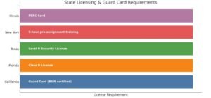 Bar chart of Allied Universal Careers license needs by state, showing specific guard card or training rules for five states.