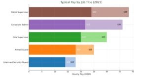 Bar chart of Allied Universal Careers pay ranges in 2025, showing min and max hourly rates for five job titles in distinct colors.