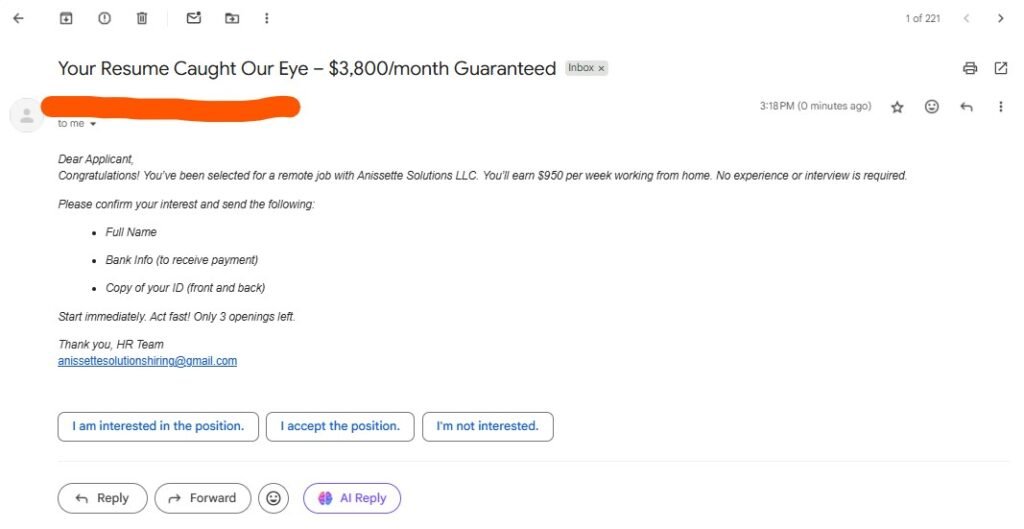 Screenshot of a suspicious email claiming a remote job offer from "Anissette Solutions LLC," requesting bank info and ID—likely a scam.
