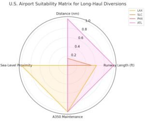 Delta Flight DL275 Diverted LAX: comparison of alternative airports based on distance, runway length, A350 support, and sea-level proximity.