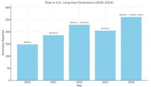 Delta Flight DL275 Diverted LAX: chart shows rising U.S. long-haul diversions from 2020 to 2024, with causes shifting from medical to alerts