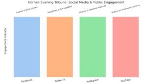 Bar chart showing Hornell Evening Tribune’s social media roles on Facebook, Twitter/X, Instagram, and YouTube via Gannett.