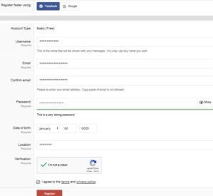 Registration form for creating a free Basic account on TheOutdoorsTrader, including fields for username, email, password, and CAPTCHA.