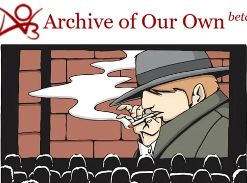 Ao3 logo with an illustration of a detective in a trench coat and hat smoking while an audience watches on a movie screen.