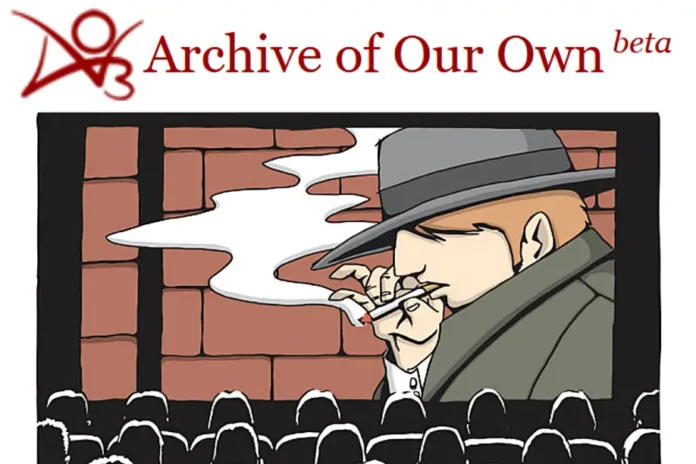 Ao3 logo with an illustration of a detective in a trench coat and hat smoking while an audience watches on a movie screen.