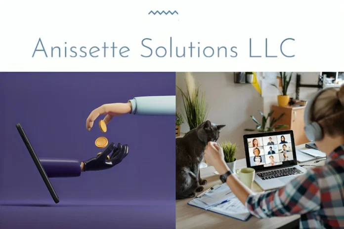 Promotional-style image for Anissette Solutions LLC featuring digital money transfer from a screen and a remote worker on a video call—potentially misleading visuals.