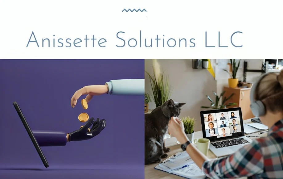 Promotional-style image for Anissette Solutions LLC featuring digital money transfer from a screen and a remote worker on a video call—potentially misleading visuals.