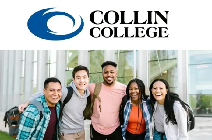 CougarWeb portal at Collin College with diverse students smiling in front of campus building.