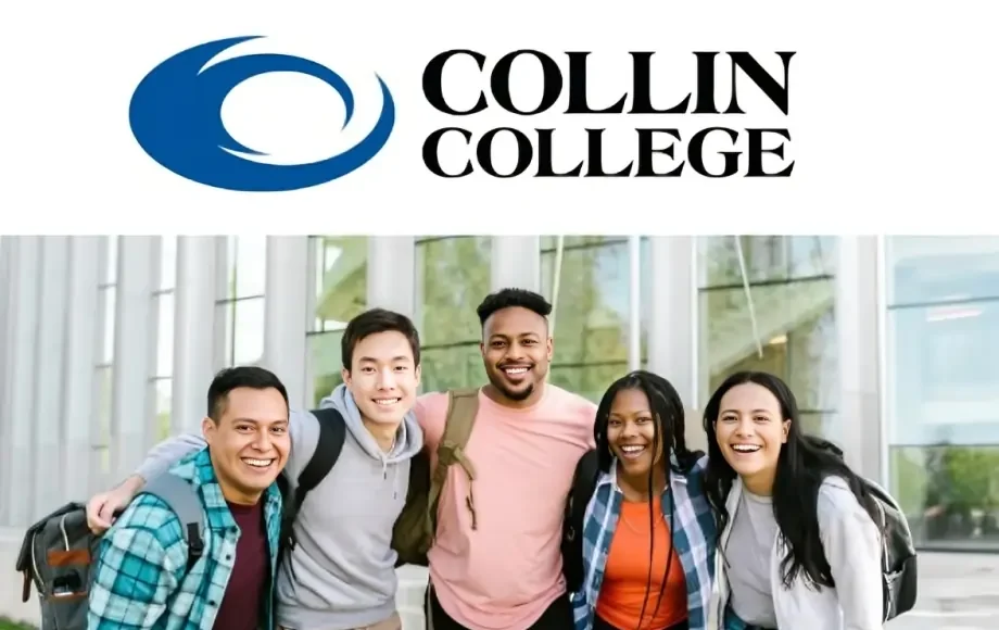 CougarWeb portal at Collin College with diverse students smiling in front of campus building.