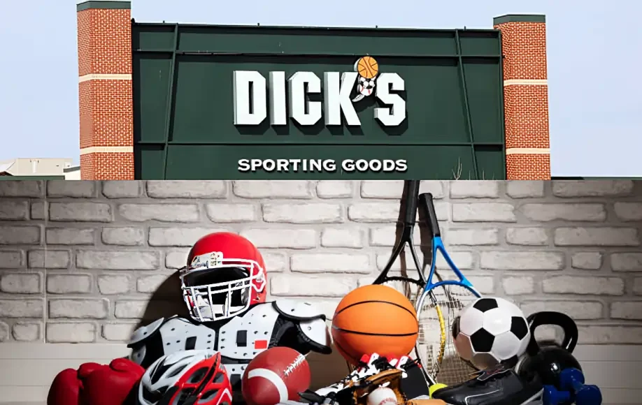 DICKS Sporting Goods sign above various sports equipment including a football helmet, basketball, soccer ball, gloves, and tennis rackets.