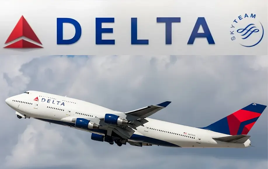 Delta Flight DL275 Diverted LAX: Delta aircraft taking off with Delta Air Lines and SkyTeam logos above against a cloudy sky.