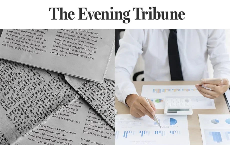 Image showing the Hornell Evening Tribune logo above two visuals: printed newspapers on the left and data analysis with charts on the right.
