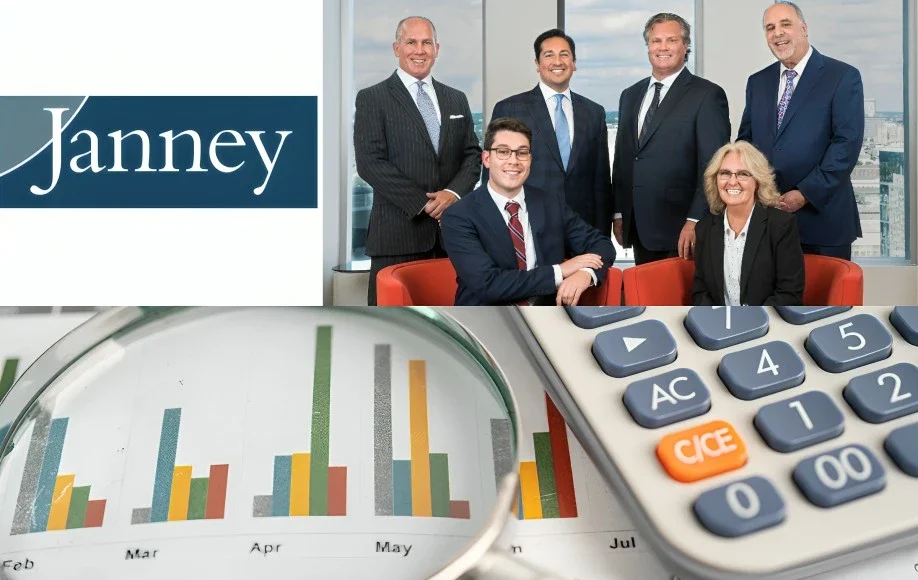 Janney Montgomery Scott LLC team posing in office with bar charts, calculator, and magnifying glass overlay symbolizing financial analysis