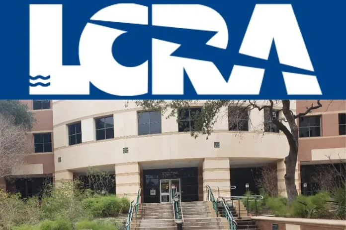 LCRA Hydromet logo above a photo of the Lower Colorado River Authority office building, showing entrance steps and surrounding greenery.