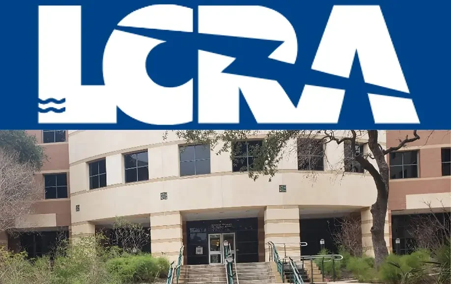 LCRA Hydromet logo above a photo of the Lower Colorado River Authority office building, showing entrance steps and surrounding greenery.