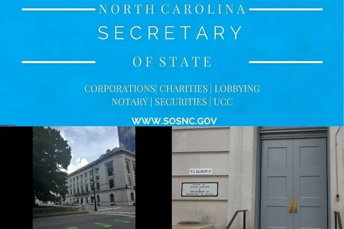 NCSOS headquarters and official logo for the North Carolina Secretary of State, covering corporations, notary, charities, and UCC.