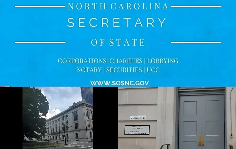 NCSOS headquarters and official logo for the North Carolina Secretary of State, covering corporations, notary, charities, and UCC.
