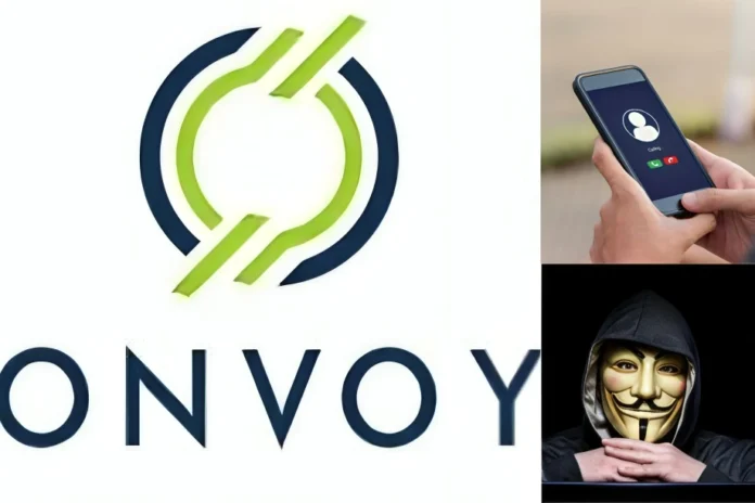 Onvoy LLC collage featuring company logo, incoming call screen on phone, and masked hacker image implying spam or spoof concerns.