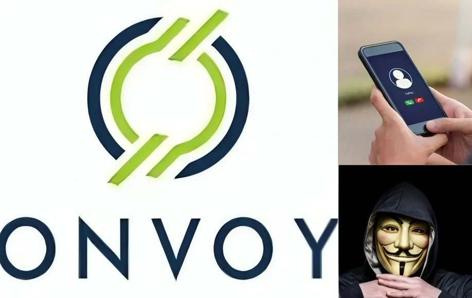 Onvoy LLC collage featuring company logo, incoming call screen on phone, and masked hacker image implying spam or spoof concerns.