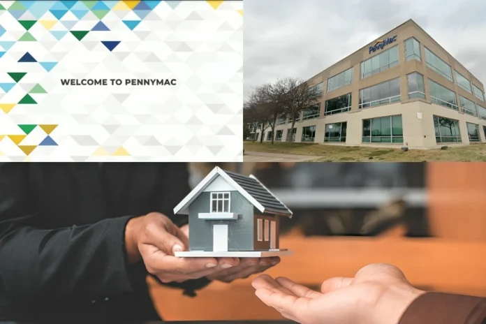 Collage showing Pennymac Loan Services LLC welcome sign, office building, and hands exchanging a model house, symbolizing home loans.