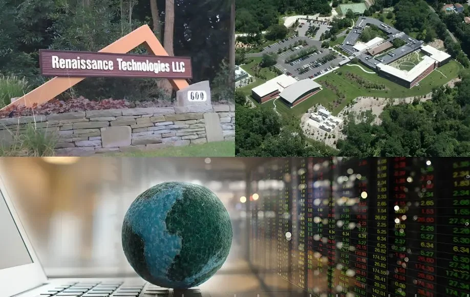 Collage showing Renaissance Technologies LLC sign, aerial view of its campus, a globe on a laptop, and a digital stock market board.