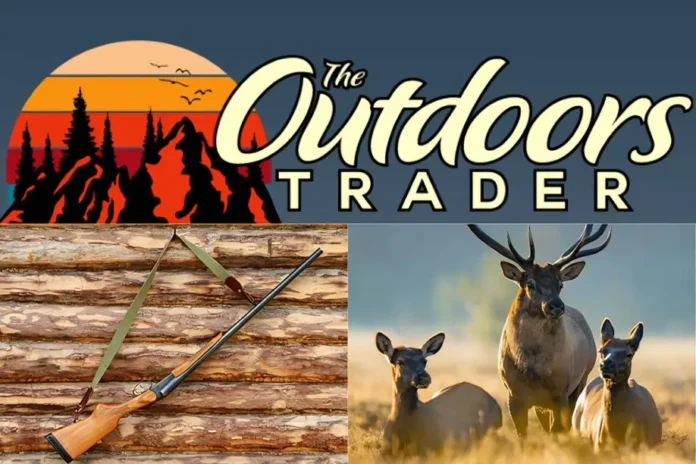 Logo for TheOutdoorsTrader featuring stylized text with a mountain and forest silhouette against a sunset background.