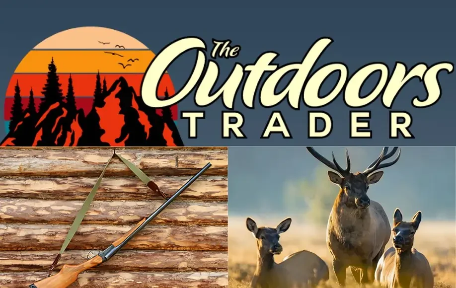Logo for TheOutdoorsTrader featuring stylized text with a mountain and forest silhouette against a sunset background.