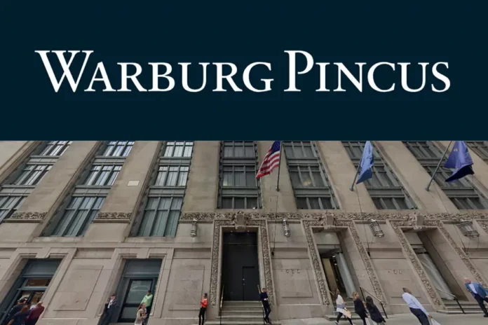 Exterior of Warburg Pincus LLC headquarters with logo above a stone building entrance, American and company flags visible.