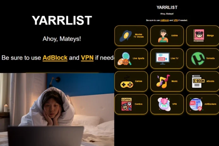 Yarrlist website interface featuring categories like Movies, Anime, Manga, Live Sports, Torrents, eBooks, and more, with a person under a blanket watching a laptop
