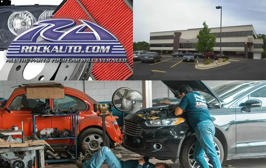 RockAuto LLC collage showing company logo, office building, auto parts workshop, and mechanics repairing vehicles.