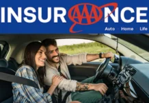 AAA Insurance | 4 Easy Login Steps, Claims & More AAA Insurance logo above a smiling couple driving a car through a scenic area, representing auto, home, and life insurance services.