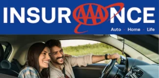 AAA Insurance logo above a smiling couple driving a car through a scenic area, representing auto, home, and life insurance services.