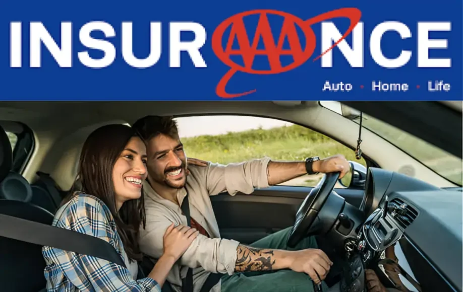 AAA Insurance logo above a smiling couple driving a car through a scenic area, representing auto, home, and life insurance services.
