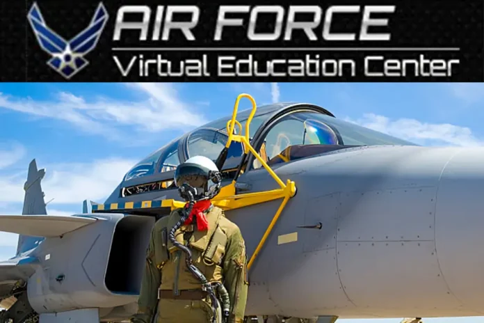 AFVEC air force virtual education center pilot standing near fighter jet for military training and online courses.