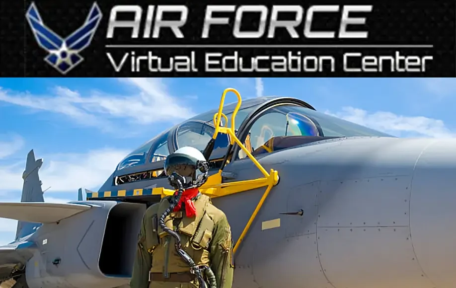 AFVEC air force virtual education center pilot standing near fighter jet for military training and online courses.