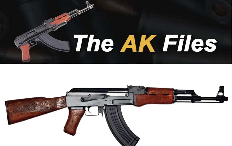 The AKFiles logo and an AK rifle with wood stock and black magazine showcased on a white background.