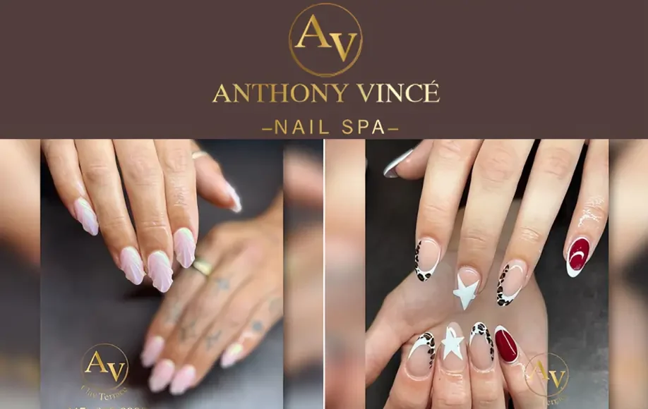 Nail art with pink swirl and cow print designs at Anthony Vince Nail Spa showing manicured hands and stylish nail shapes.