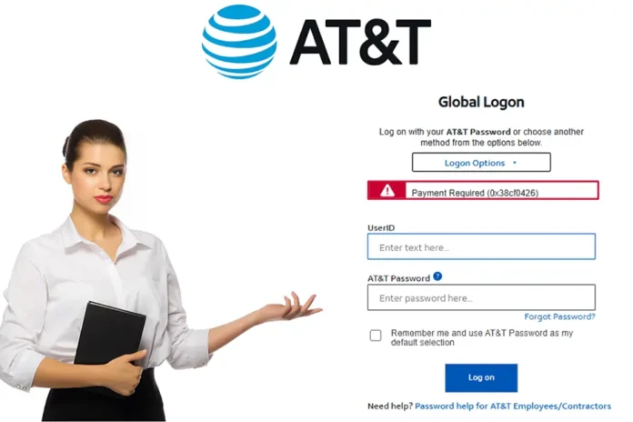 Att My Results login page showing a payment required error with a woman pointing at the AT&T Global Logon form.