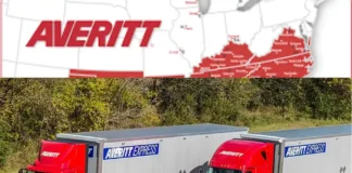 Averitt Express Tracking image showing red freight trucks on highway with service map highlighting U.S. regional coverage.