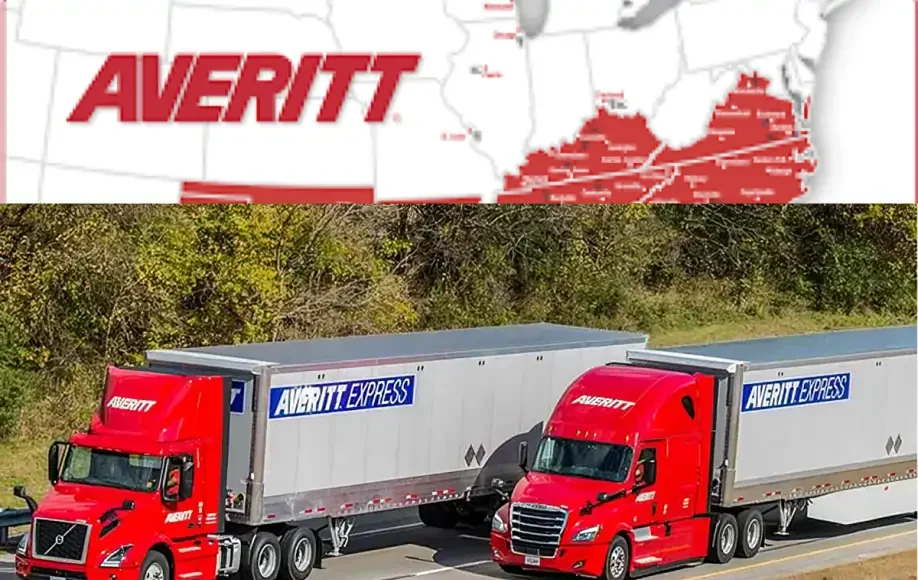 Averitt Express Tracking image showing red freight trucks on highway with service map highlighting U.S. regional coverage.