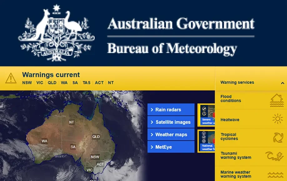 Screenshot of bom warning services showing flood, cyclone, heatwave, and radar updates across Australian states and territories.