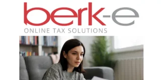 A woman reviews documents at home with a laptop under the Berk-e Online Tax Solutions logo, representing Berkheimer Tax services.
