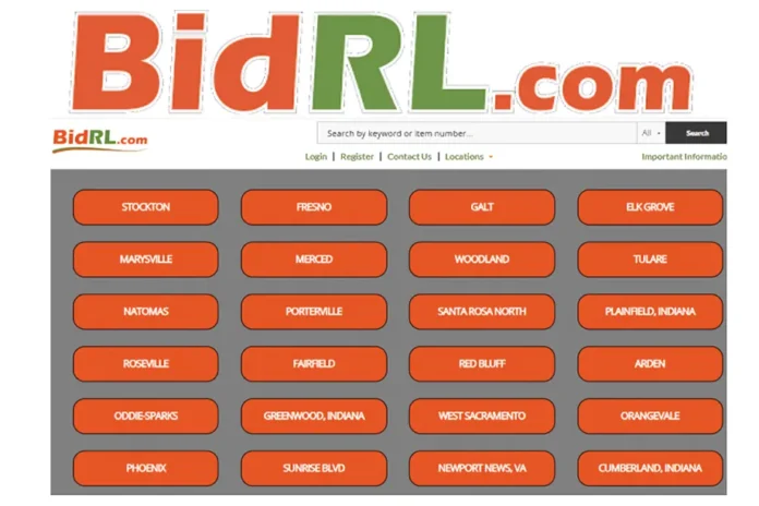 BidRL site homepage displaying auction locations, search bar, and navigation for bidding and registration.