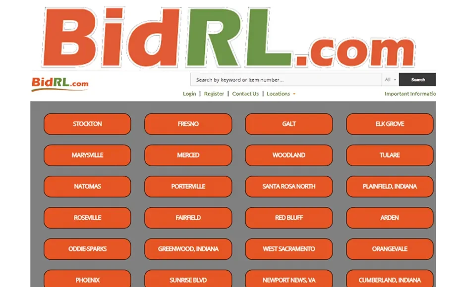BidRL site homepage displaying auction locations, search bar, and navigation for bidding and registration.
