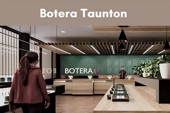 Modern interior of Botera Taunton cannabis dispensary with customer and staff near display tables and green menu board.