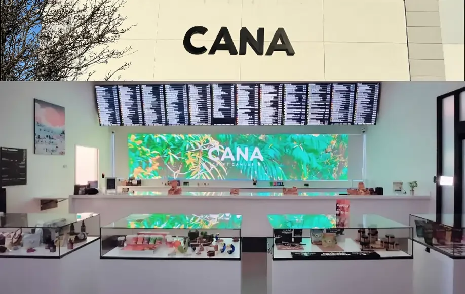 CANA Fairhaven interior with product displays, digital menus, and vibrant green branding inside the dispensary.