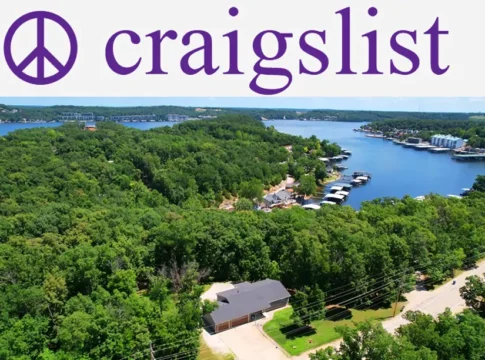 Aerial view of lakeside homes and forested lots listed on Craigslist Lake of the Ozarks for real estate and rentals.