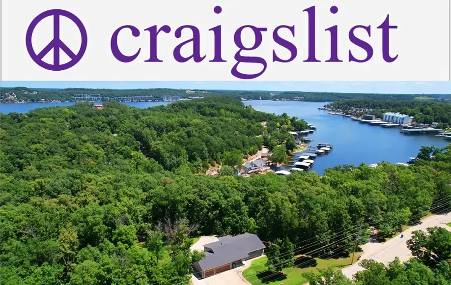 Aerial view of lakeside homes and forested lots listed on Craigslist Lake of the Ozarks for real estate and rentals.