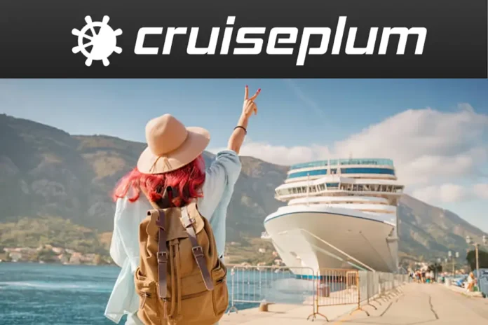 Cruiseplum traveler with backpack waving peace sign toward docked cruise ship under Cruiseplum logo.