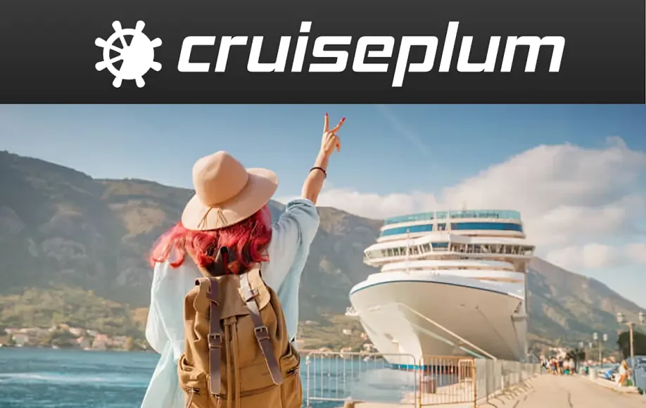 Cruiseplum traveler with backpack waving peace sign toward docked cruise ship under Cruiseplum logo.